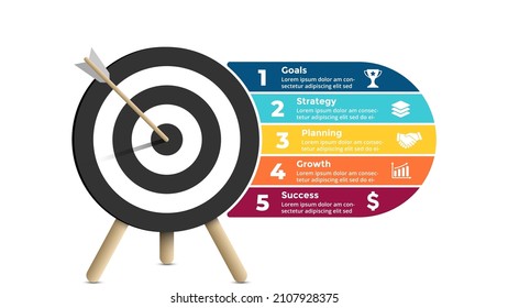 Success infographic. Business presentation slide template. Arrow hit the target. Goal diagram. Chart with 5 steps, options, processes. 