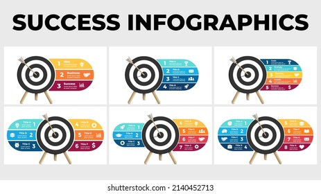 infografía de éxito. Plantilla de diapositiva de presentación empresarial. Arrow golpeó el blanco. Diagrama de objetivos. Gráfico con 3, 4, 5, 6, 7, 8 pasos, opciones, procesos. 