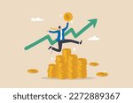 Success investing, growing wealth or being rich from pension or mutual fund, stock market return, money or financial success concept, rich businessman jump high on money coin stack with growth graph.