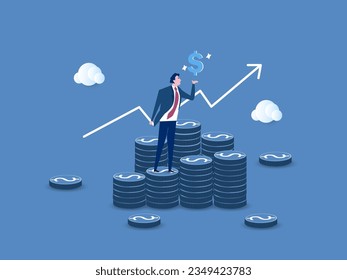 Success investing, growing wealth or being rich from pension or mutual fund, stock market return, money or financial success concept, rich businessman jump high on money coin stack with growth graph.