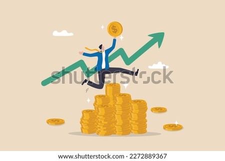 Success investing, growing wealth or being rich from pension or mutual fund, stock market return, money or financial success concept, rich businessman jump high on money coin stack with growth graph.