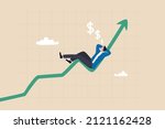 Success investment earn more profit or easy growing return mutual fund, make money from cryptocurrency trading or dream about being rich concept, businessman investor relax and sleep on growing graph.