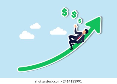 Success investment earn more profit or easy growing return mutual fund, make money from cryptocurrency trading or dream about being rich concept, businessman investor relax and sleep on growing graph.