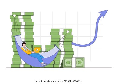 La inversión exitosa crece más ganancias, fácil ganancia, cripto, logro de objetivos financieros, sueño de ser rico concepto. Los hombres de negocios se relajan con una hamaca sobre una pila de dinero con flecha hacia arriba.