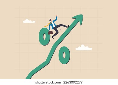 Inversión exitosa en aumento de tasas de interés o inflación, supervivencia y crecimiento de la situación económica, concepto de inversión en ventas o en el mercado de valores, inversor empresario corriendo en porcentaje.