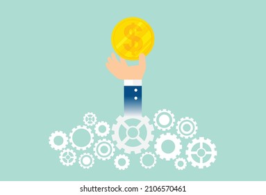 Success Investment Make Money Target, Achieve Financial Goal, Work Hard, Money And Gear, Working Against Overtime, Vector Illustration Design Concept In Flat Style