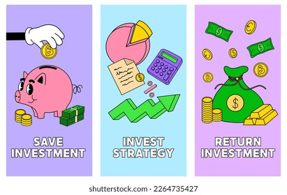 Success investment poster. Businesss payment money. Vector fluers about financial literacy in groovy style.