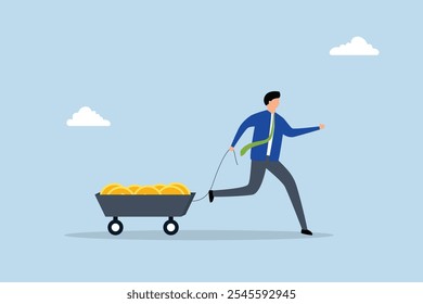 Success investor, rich and successful entrepreneur with heaps of cash golden coins in wagon. 