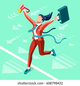 Success job Isometric people 3D businesswoman infographic. Business woman winner jump for joy icon set. Vector office business suit woman with medal in hand isolated on green background illustration