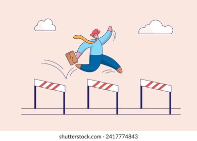 Success journey or aspirations concept. Overcome obstacle or challenge, determination, progress or effort to overcome difficulty, confidence businessman entrepreneur jumping over series of hurdles.