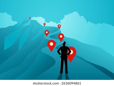 Success journey concept, businessman following map pins toward mountain goal