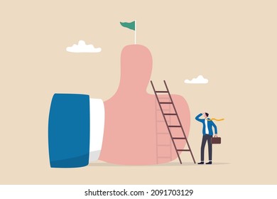 Success journey to get positive feedback, high performance evaluation or review, good job, employee or customer satisfaction concept, businessman about to climb up ladder to reach thumb up achievement