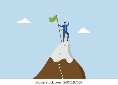 Success journey,  successful entrepreneur victor at peak achievement journey. 