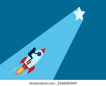 Success is just around the corner. woman driving a rocket heading towards the Star door with a beam of light