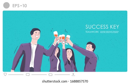 Ilustración de concepto clave correcta. Trabajar en equipo es el mejor poder del negocio objetivo. Grupo de alegres empleados tostando con champán de fiesta en una oficina. Desafío en marketing de negocios.