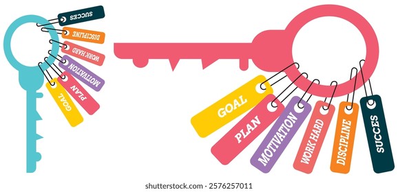 Success key with goal, plan, motivation, work , Discipline vector isolated on Pink Background illustration