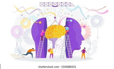 Success knowledge concept. Tiny people insert a brain into a human head, profile. The development of thinking, knowledge, analytical skills. Outstanding mind, creative ideas, solutions. Business metap