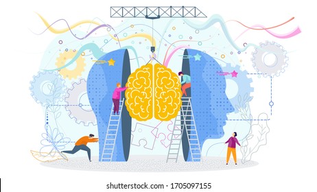 Success knowledge concept. Tiny people insert a brain into a human head, profile. The development of thinking, knowledge, analytical skills. Outstanding mind, creative ideas, solutions. Business metap