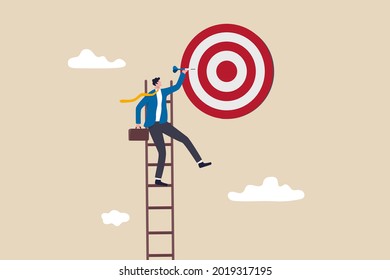 Success ladder, aspiration to achieve target, business goal or work purpose, aim for perfection concept, businessman climb up ladder high into the sky to aiming for perfect bullseye target dartboard.