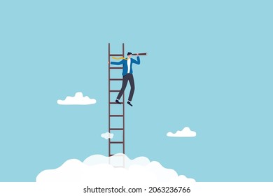Success ladder for business opportunity, looking for new job or career path, leadership discovery or searching for success concept, smart businessman climb up ladder look through telescope visionary.