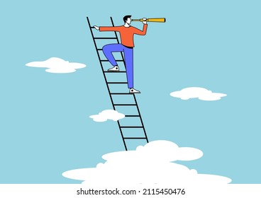 Success ladder for business opportunity, looking for new job or career path, leadership discovery or searching for success concept. Smart businessman climb up ladder look through telescope visionary.