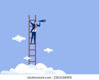 Success ladder for business opportunity, looking for new job or career path, leadership discovery or searching for success concept, smart businessman climb up ladder look through telescope visionary.