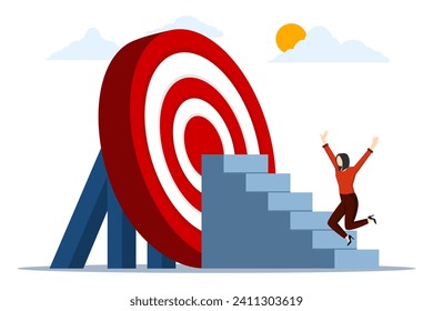 Success ladder concept, woman jumping happily after finding the way to the goal. Stairway to success, Stairway to Red target, bullseye business target, flat vector illustration on white.