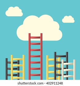 Success ladder leading to cloud and many short ones. Business, goal, competition, unique, progress, challenge, hope and leadership concept. EPS 8 vector illustration, no transparency