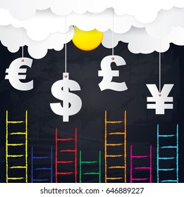 Success ladder leading to cloud  with US Dollar, Euro, Great Britain Pound, Japanese Yen , paper art style creative concept idea .vector illustration