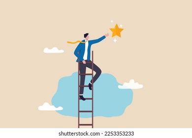 Success ladder to reach goal, achievement or opportunity, climb up ladder to get new hope, accomplishment or career development concept, businessman climb up ladder of success to reach star target. - Shutterstock ID 2253353233