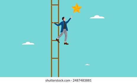 success ladder to reach goal and target, climb up ladder to get new hope, journey to achieve hope of success in business, hope of career development progress, businessman climb ladder to get gold star