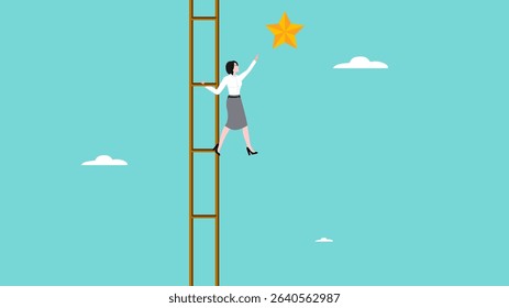 success ladder to reach goal and target, climb up ladder to get new hope, journey to achieve hope of success in business, hope of career development progress, woman climb ladder to get gold star