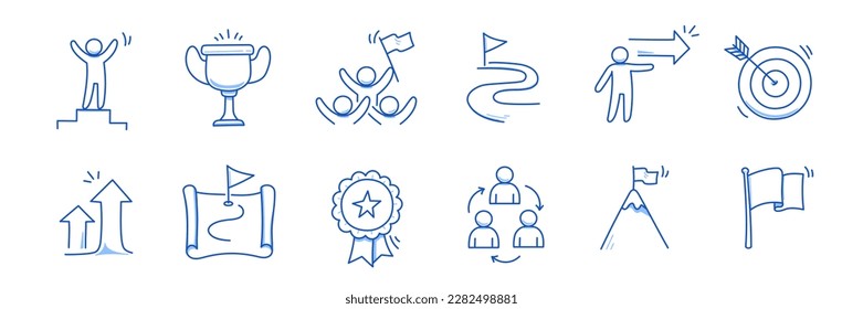 Success leader business doodle icons. Man with leadership flag doodle line sketch award, certificate, trophy. Victory, success, winner concept icon. Outline editable pen stroke. Vector illustration