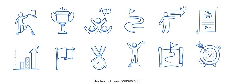 Success leader business doodle icons. Man with leadership flag doodle line sketch award, certificate, trophy. Victory, success, winner concept icon. Outline editable pen stroke. Vector illustration