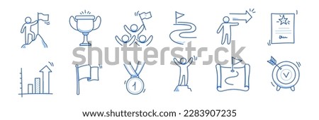 Success leader business doodle icons. Man with leadership flag doodle line sketch award, certificate, trophy. Victory, success, winner concept icon. Outline editable pen stroke. Vector illustration