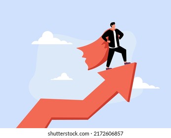 Success leader, business professional with super power, company hero who succeed in work and achieve career growth concept, confident businessman superhero with powerful red cape stand on growth arrow