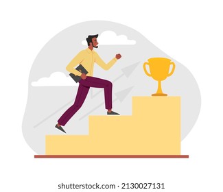 Success leader concept. Man runs for gold trophy on stairs, hardworking with employee, self development and motivation. Businessman or entrepreneur setting goals. Cartoon flat vector illustration