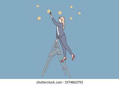 Success, leader, possibilities concept. Young business woman standing on ladder and looking ahead for new possibilities and development touching stars vector illustration 