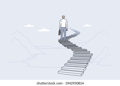 Success, leadership, achieving goal concept. Back of businessman standing on ladder forward and looking ahead for new possibilities and development vector illustration 