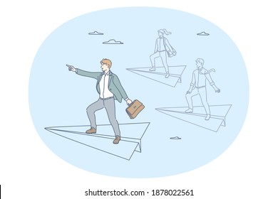 Success, leadership, business development concept. Happy young businessman standing and balancing on flying paper airplane as symbol of success and doing straight with motivation 