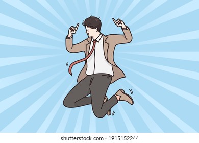 Success, leadership, business development concept. Young smiling businessman in suit cartoon character jumping feeling happy with achievements and success at work vector illustration 