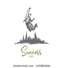 Success, leadership, businessman, goal, challenge concept. Hand drawn happy businessman jumping concept sketch. Isolated vector illustration.