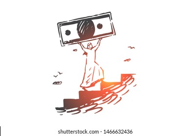 Success, leadership, champion, hero, winner concept sketch. Arab in traditional niqab going up on stairs and carrying money on raised hands. Hand drawn isolated vector illustration