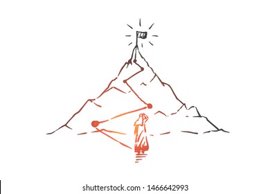 Success, leadership, champion, hero, winner concept sketch. Arab in traditional niqab looking at big mountains with flag on top and thinking about steps to climb it. Hand drawn isolated vector illustr