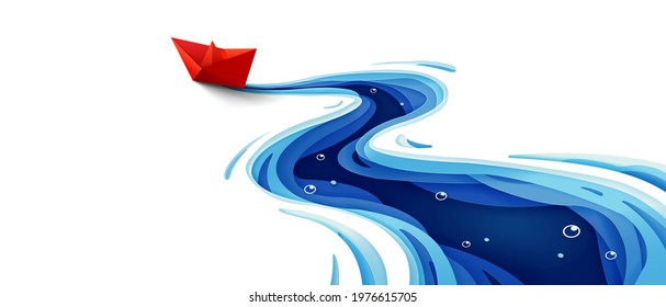 Success leadership concept, The journey of the origami red paper boat on winding blue river, Paper art design banner background, Vector illustration