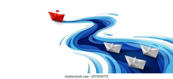 Success leadership concept, Origami red paper boat floating in front of white paper boats on winding blue river, Paper art design banner background, Vector illustration - Shutterstock ID 1975939772