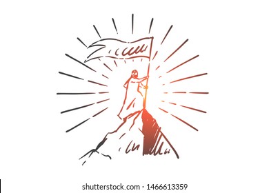 Success, leadership concept sketch. Arab in niqab standing with flag on peak of mountain. Hand drawn isolated vector illustration