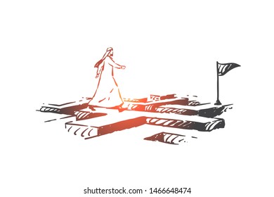 Success, leadership concept sketch. Arab in niqab going through maze to finish with flag. Hand drawn isolated vector illustration