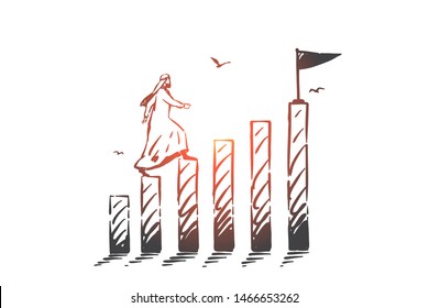 Success, leadership concept sketch. Arab in niqab going up on separate logs to reach final with flag. Hand drawn isolated vector illustration