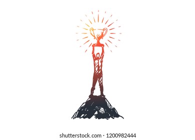 Success, leadership, goal, victory, winner concept. Hand drawn man with a winner cup concept sketch. Isolated vector illustration.